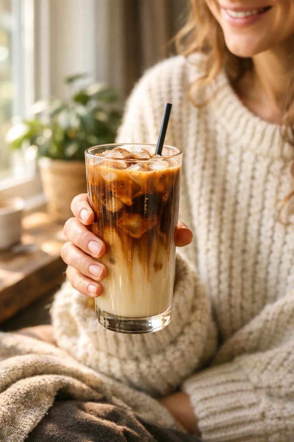 Person enjoying homemade iced brown sugar oat milk shaken espresso by a sunny window