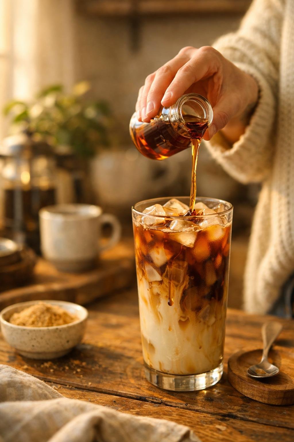 Pouring homemade brown sugar simple syrup into iced coffee at home
