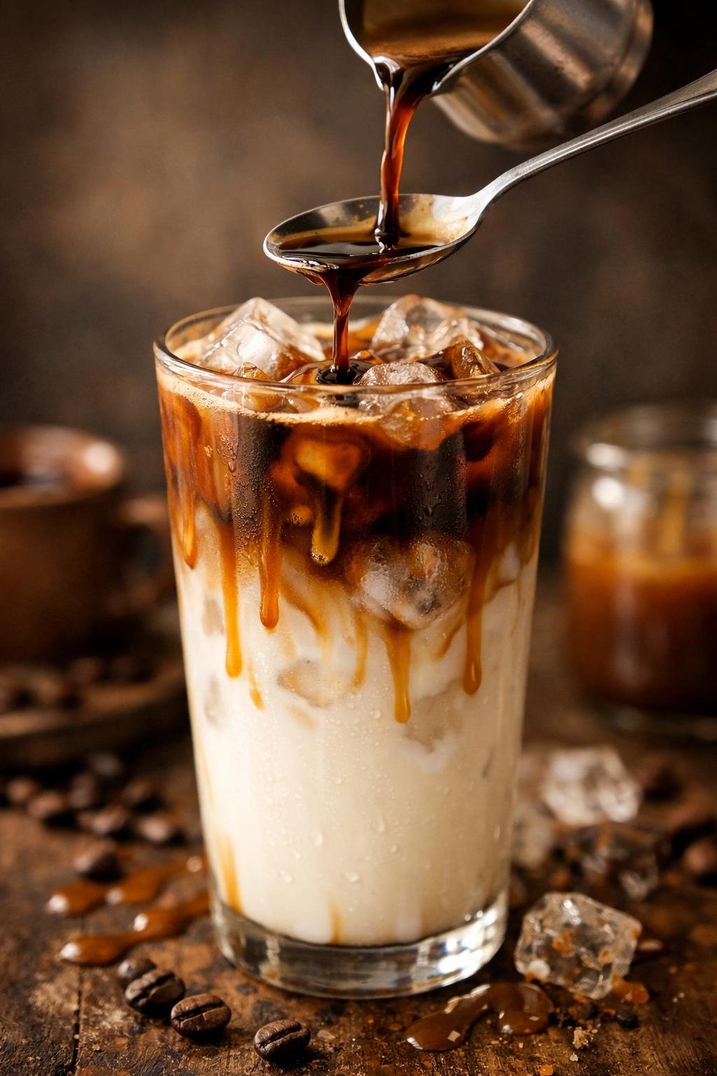 Pouring espresso over a spoon into an iced caramel macchiato to create beautiful layers