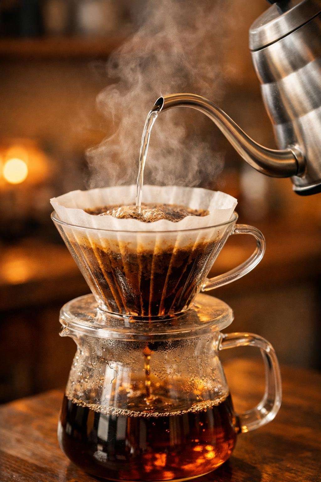 Pour over coffee being brewed — hot water flowing through a V60 dripper into a glass carafe