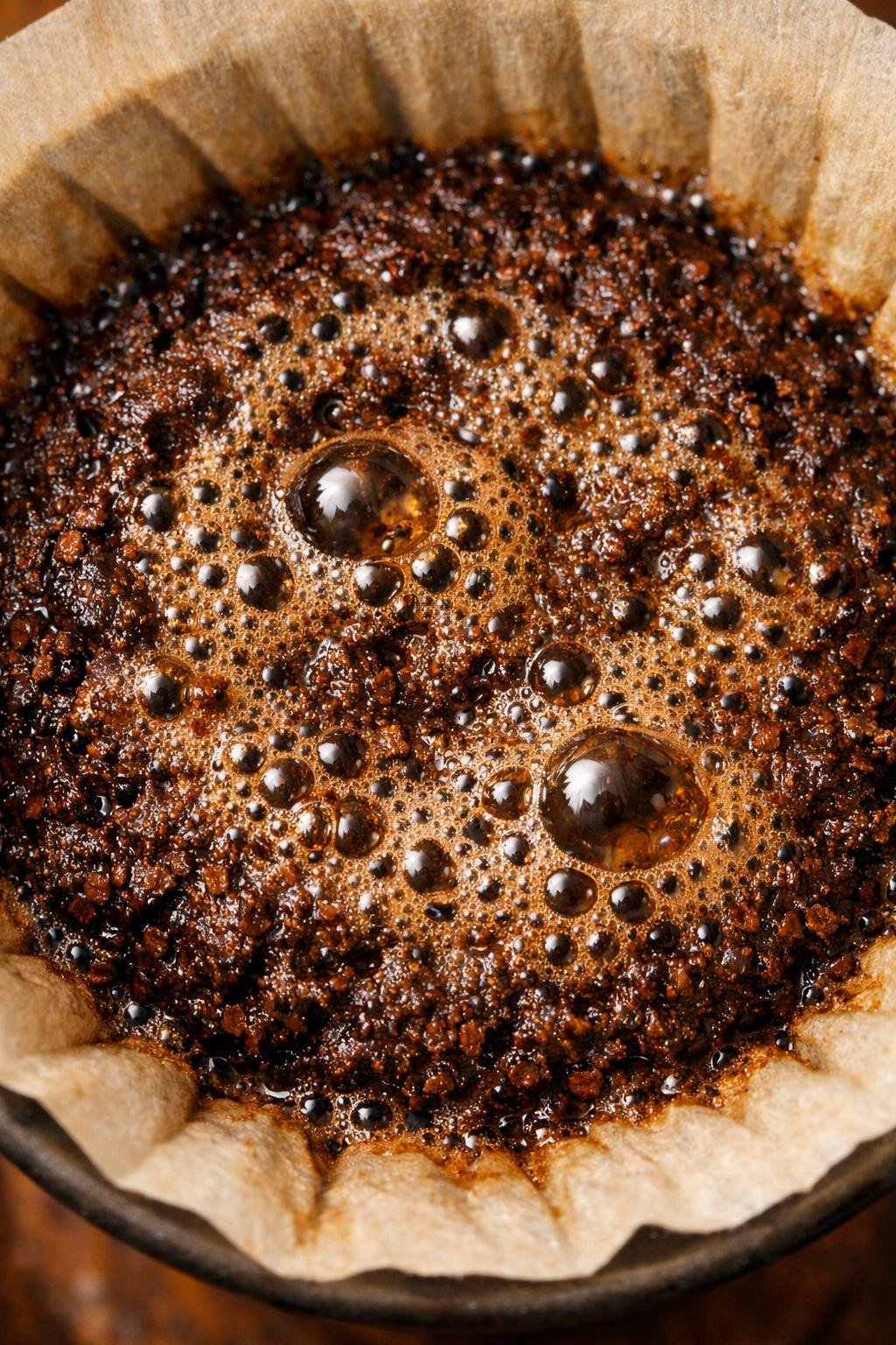 Close-up of freshly ground coffee in a pour over filter, ready to bloom — specialty coffee brewing at home