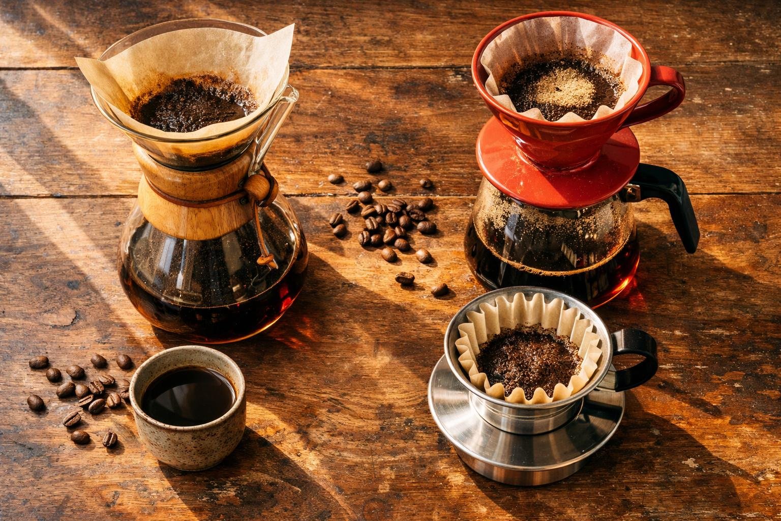 Best pour over coffee makers 2026 — flat lay of Chemex, V60, and Kalita Wave on a wooden counter