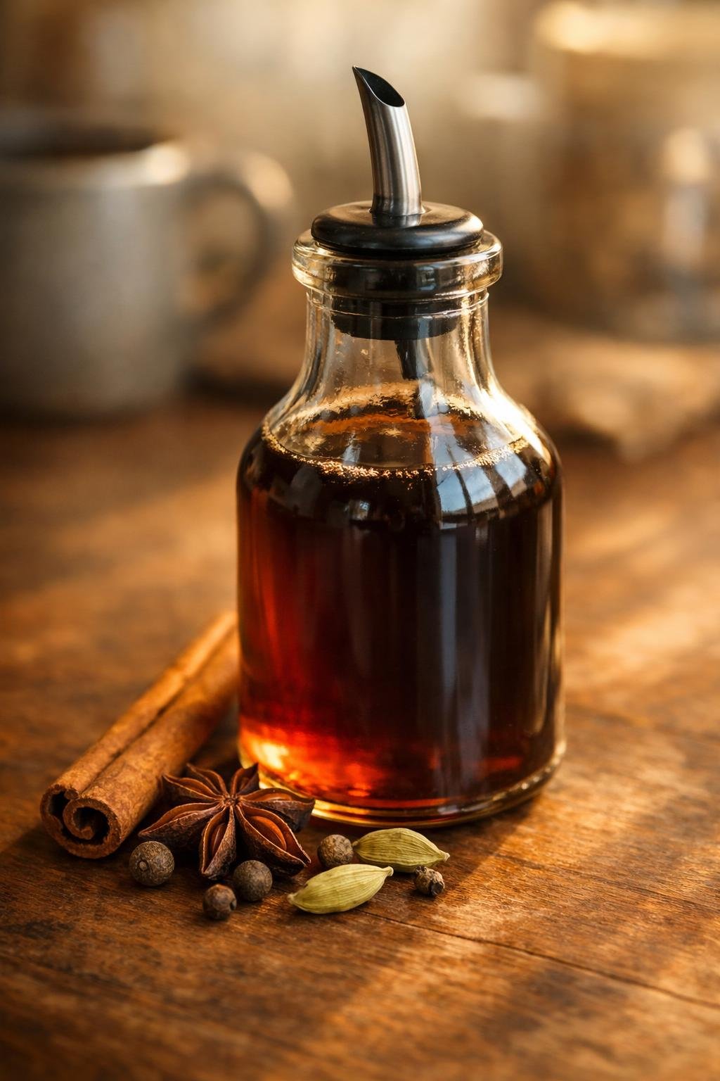 Homemade brown sugar simple syrup for coffee in a glass bottle with cinnamon stick