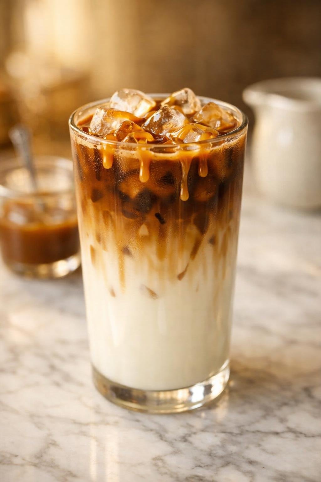 Iced caramel macchiato recipe at home in a tall glass with caramel drizzle and layered espresso