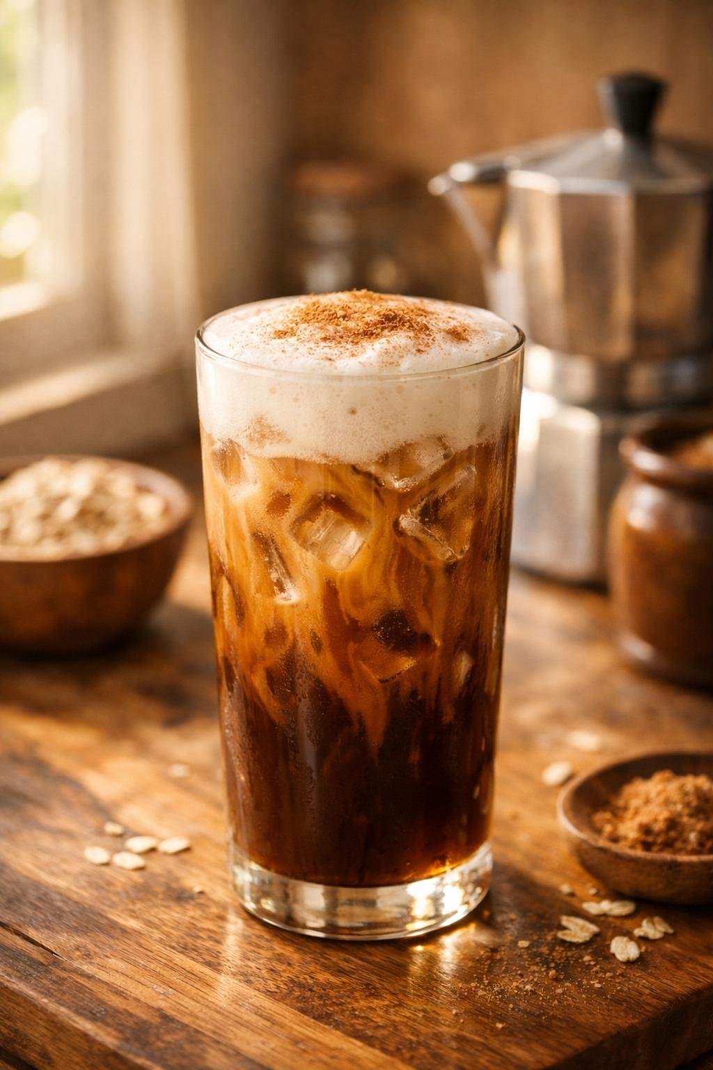 Iced brown sugar oat milk shaken espresso recipe in a tall glass with cinnamon foam and ice