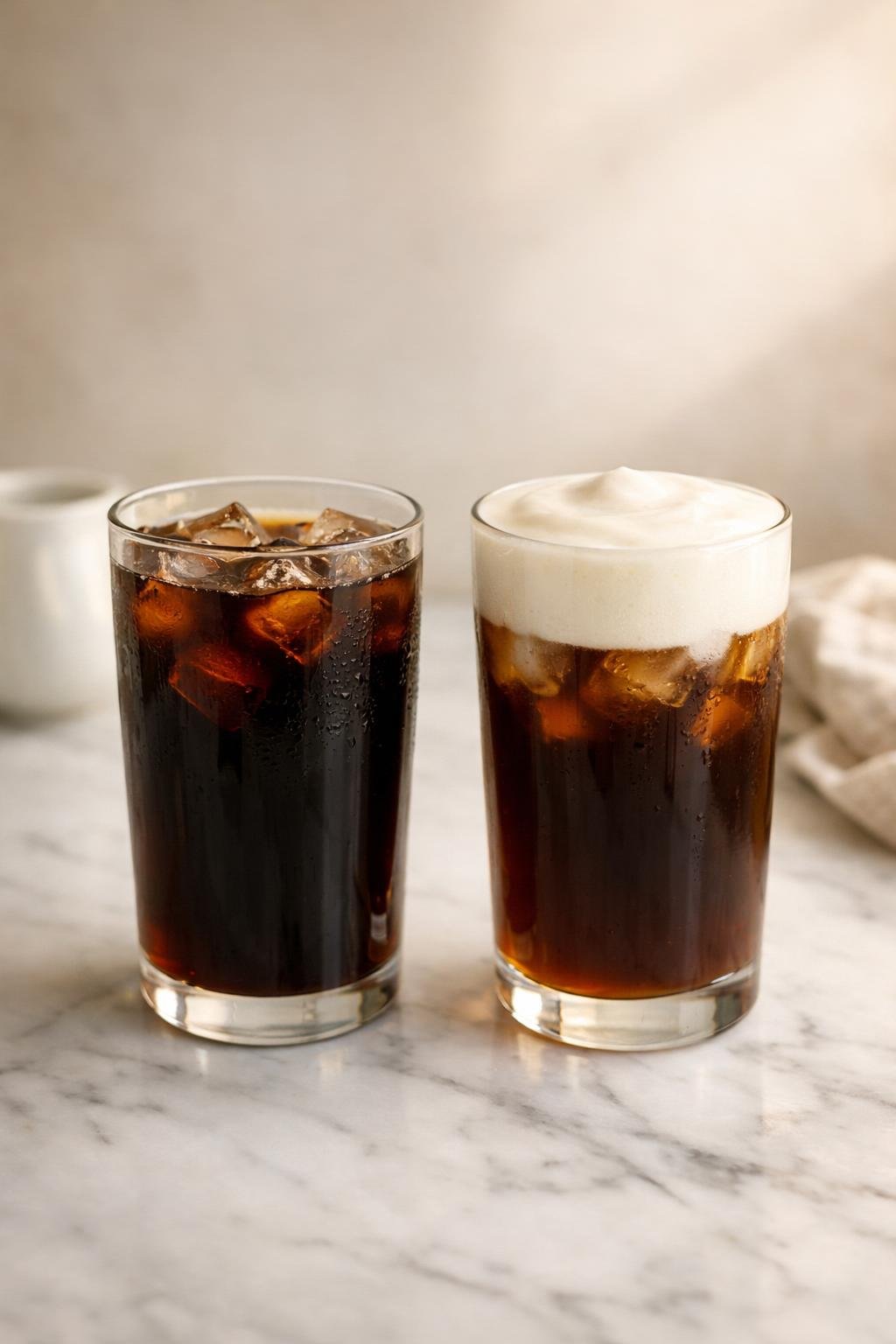Cold brew coffee without and with sweet cream cold foam side by side comparison