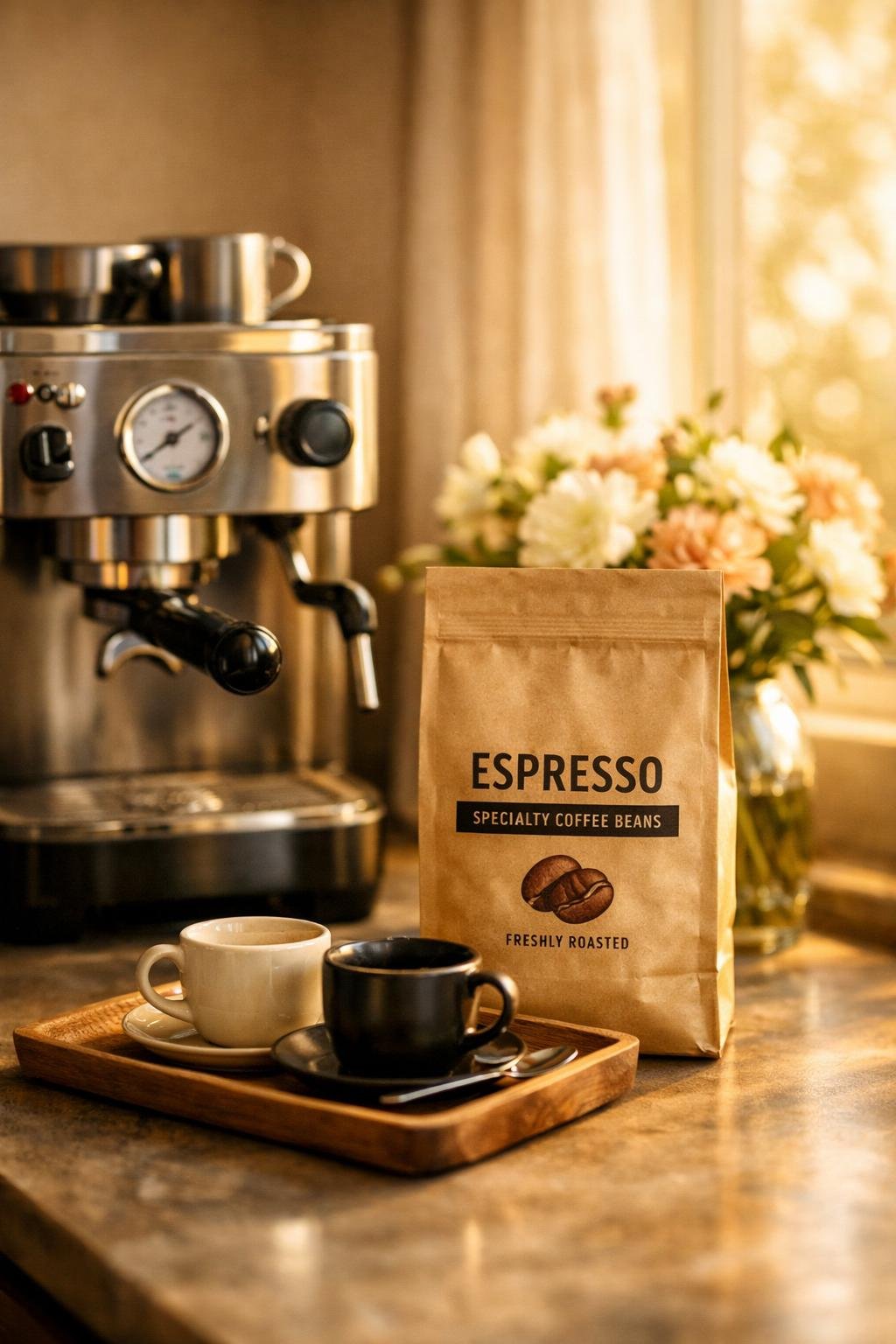 Home coffee bar setup with the best espresso beans for home baristas next to an espresso machine