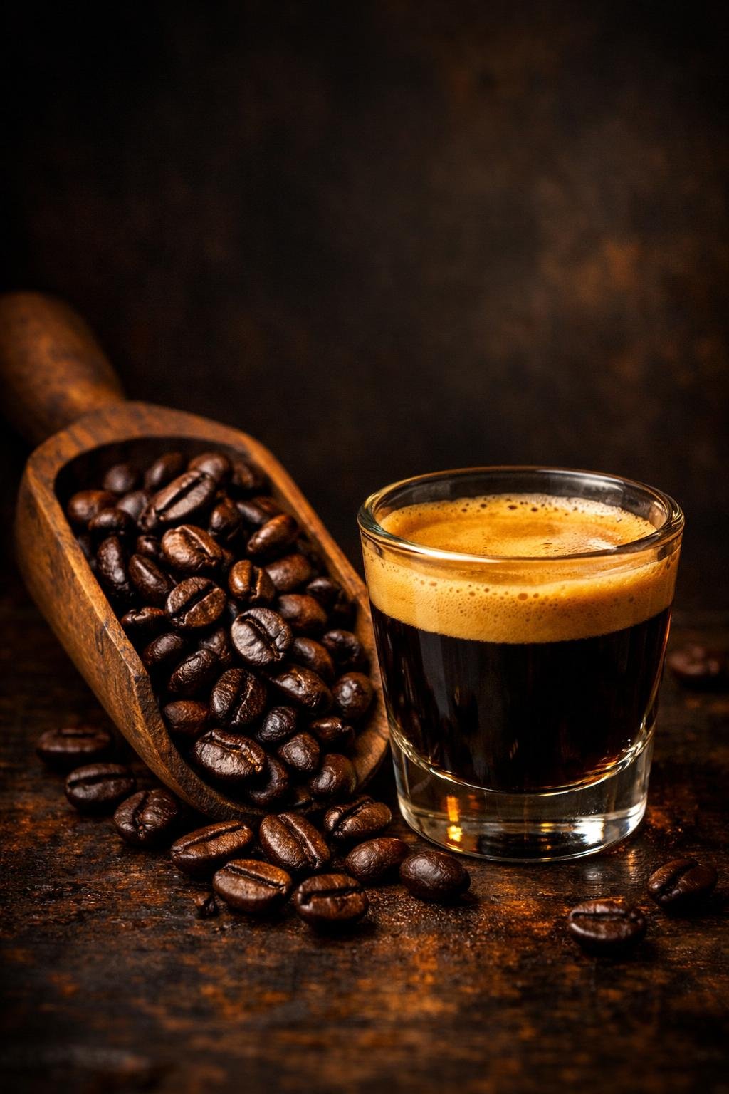 Dark roast espresso beans in a scoop with a rich crema espresso shot