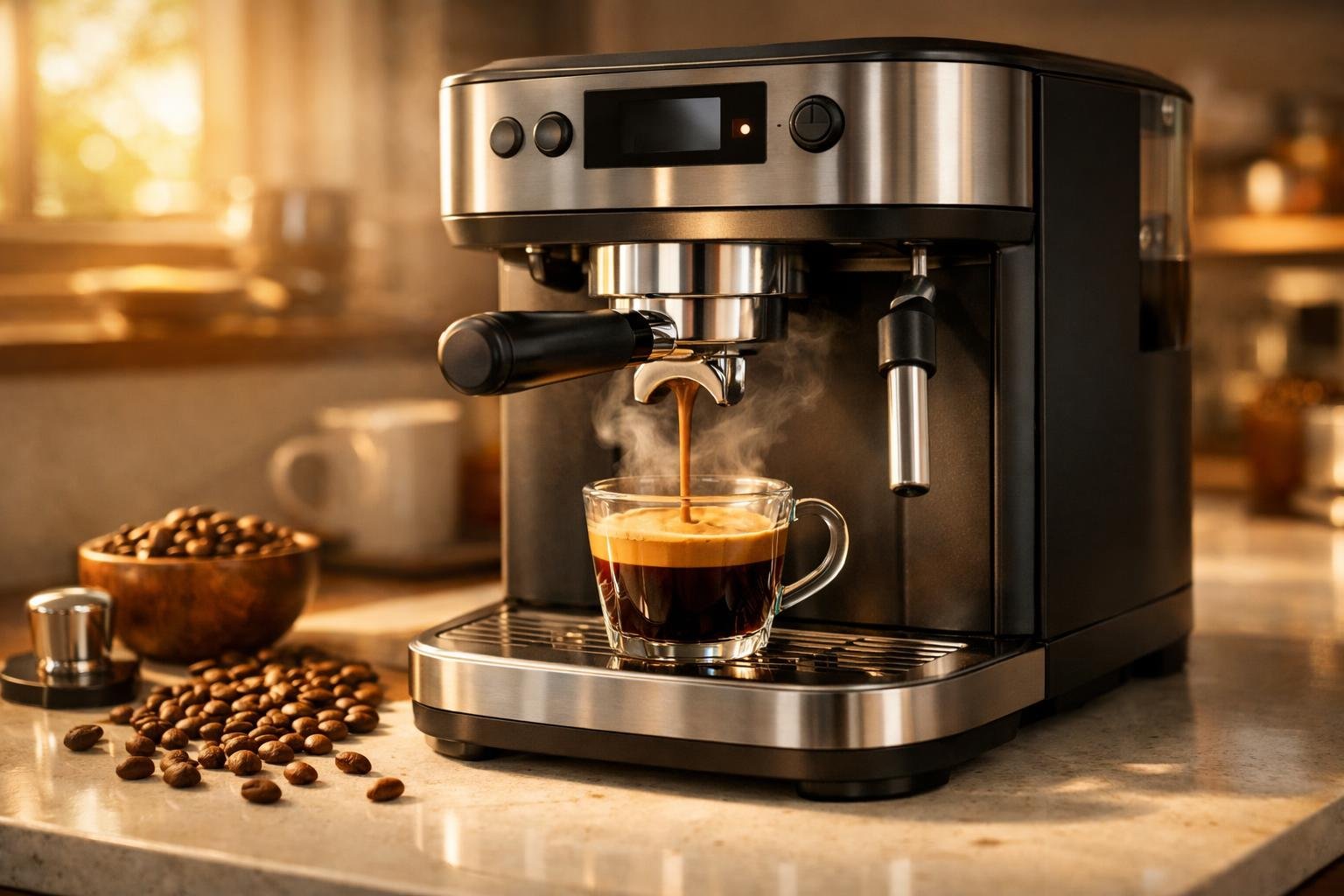 Best home espresso machine pulling a shot on kitchen counter