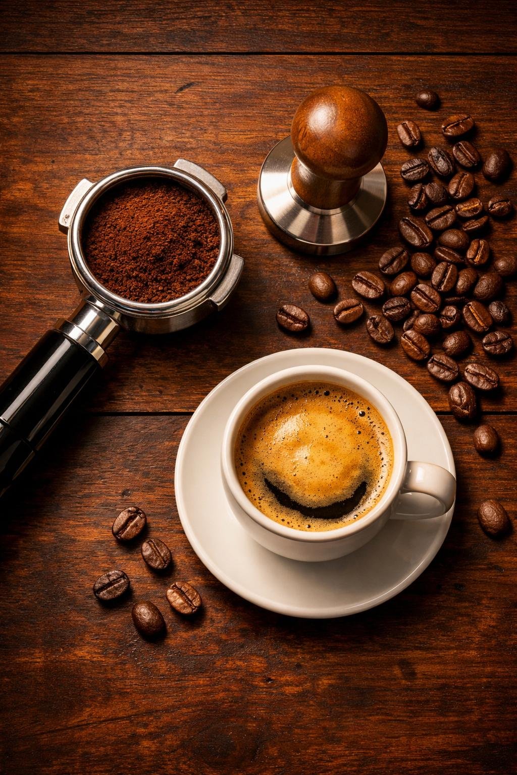 Espresso accessories flat lay with tamper portafilter and coffee beans