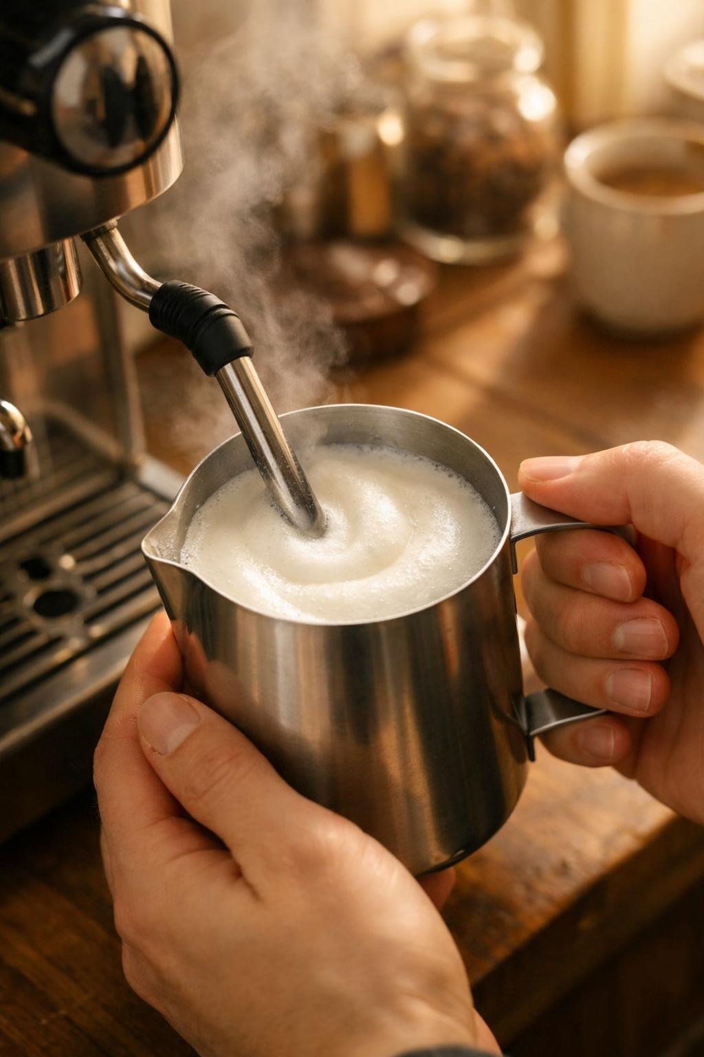 Steam wand frothing milk for espresso latte