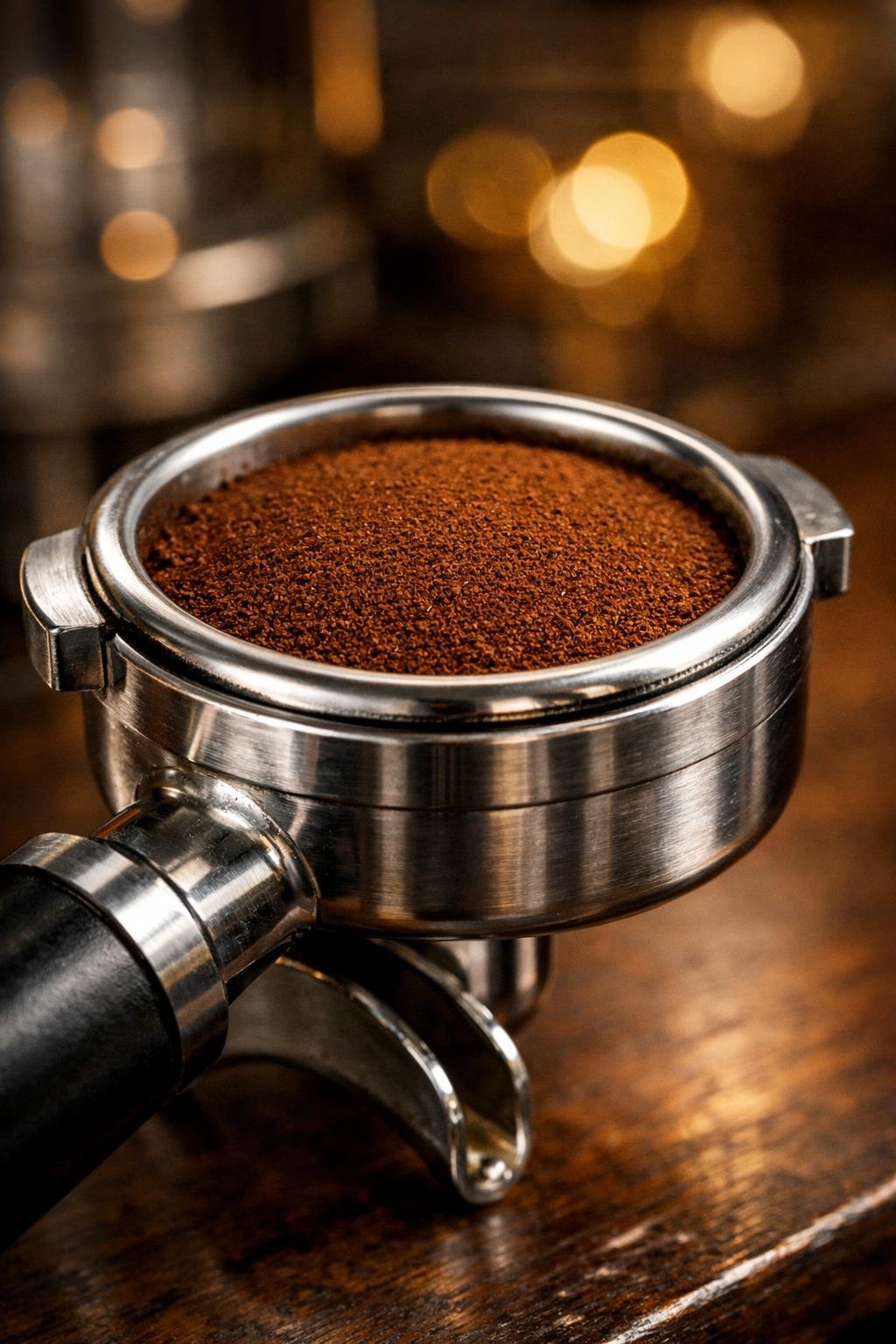 Espresso portafilter filled with freshly ground coffee