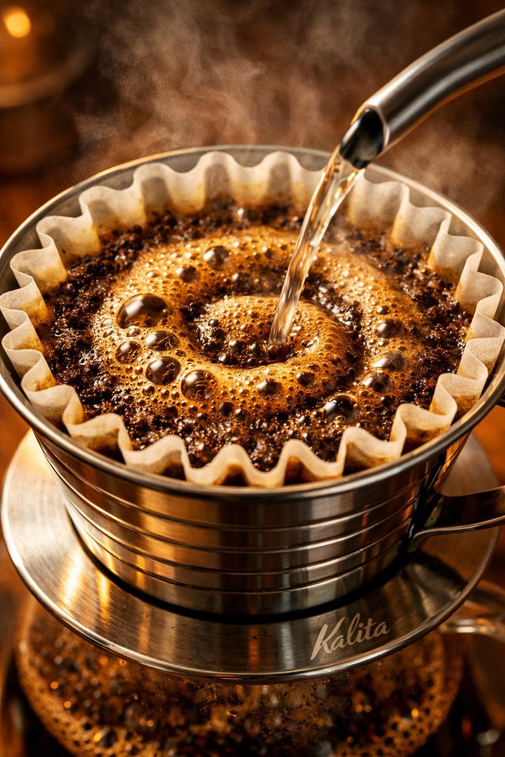 Kalita Wave pour over dripper showing coffee bloom with bubbling grounds