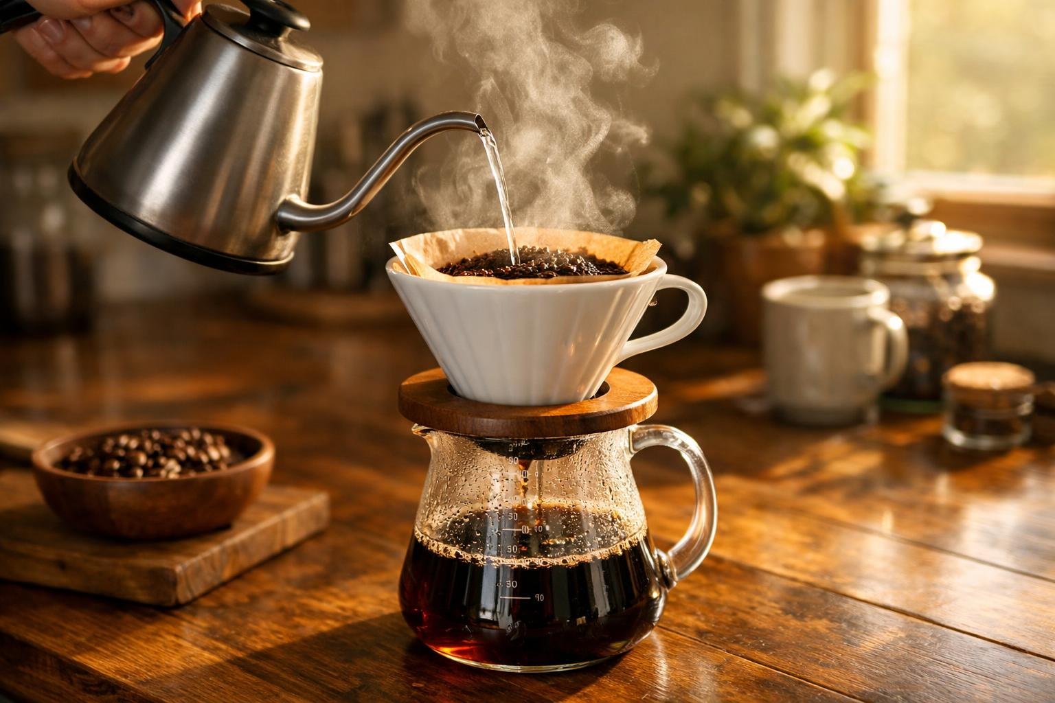 Gooseneck kettle pouring water over pour over coffee dripper into glass carafe