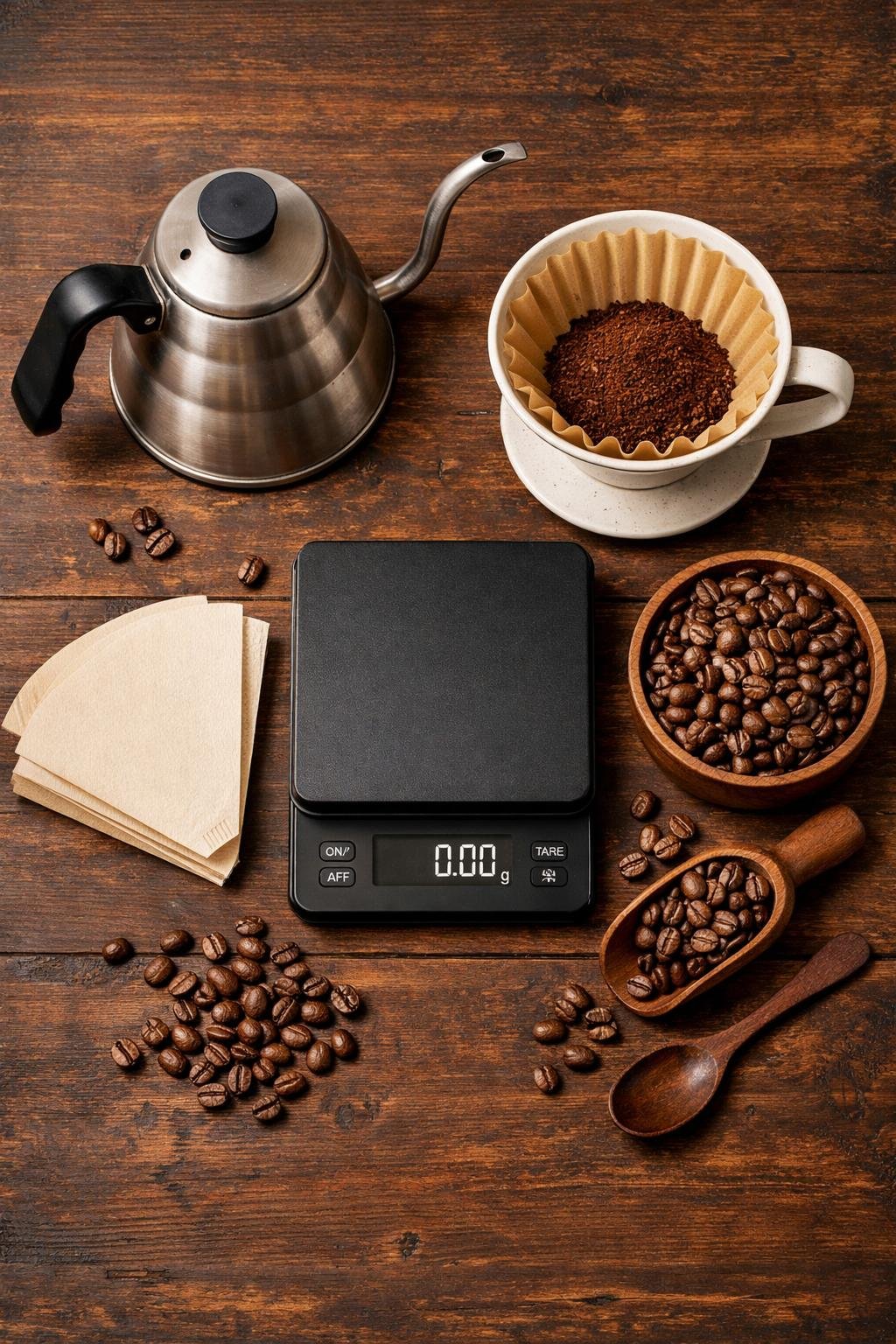 Pour over coffee equipment flat lay with gooseneck kettle scale dripper and coffee beans