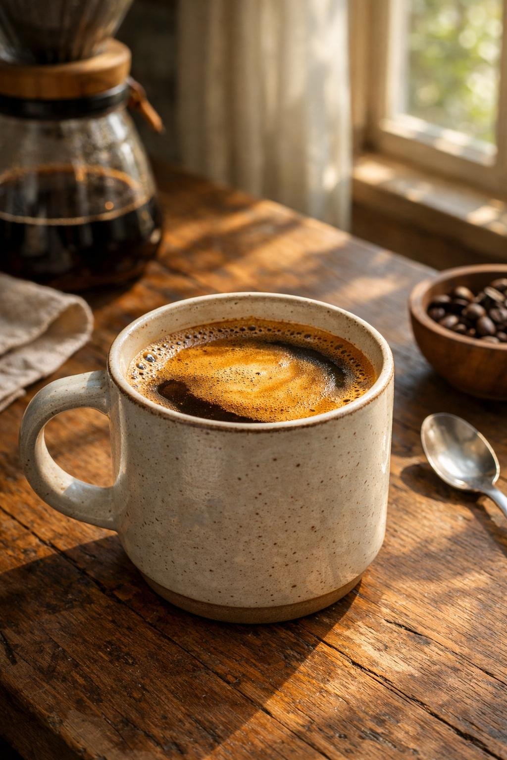 Perfect cup of pour over coffee in ceramic mug with morning sunlight