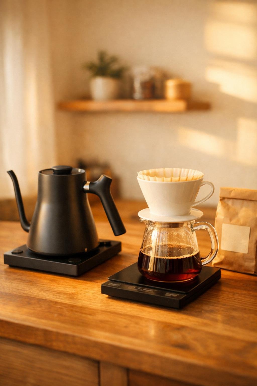 Best kettle for pour over coffee styled on home coffee bar with pour over dripper and coffee scale