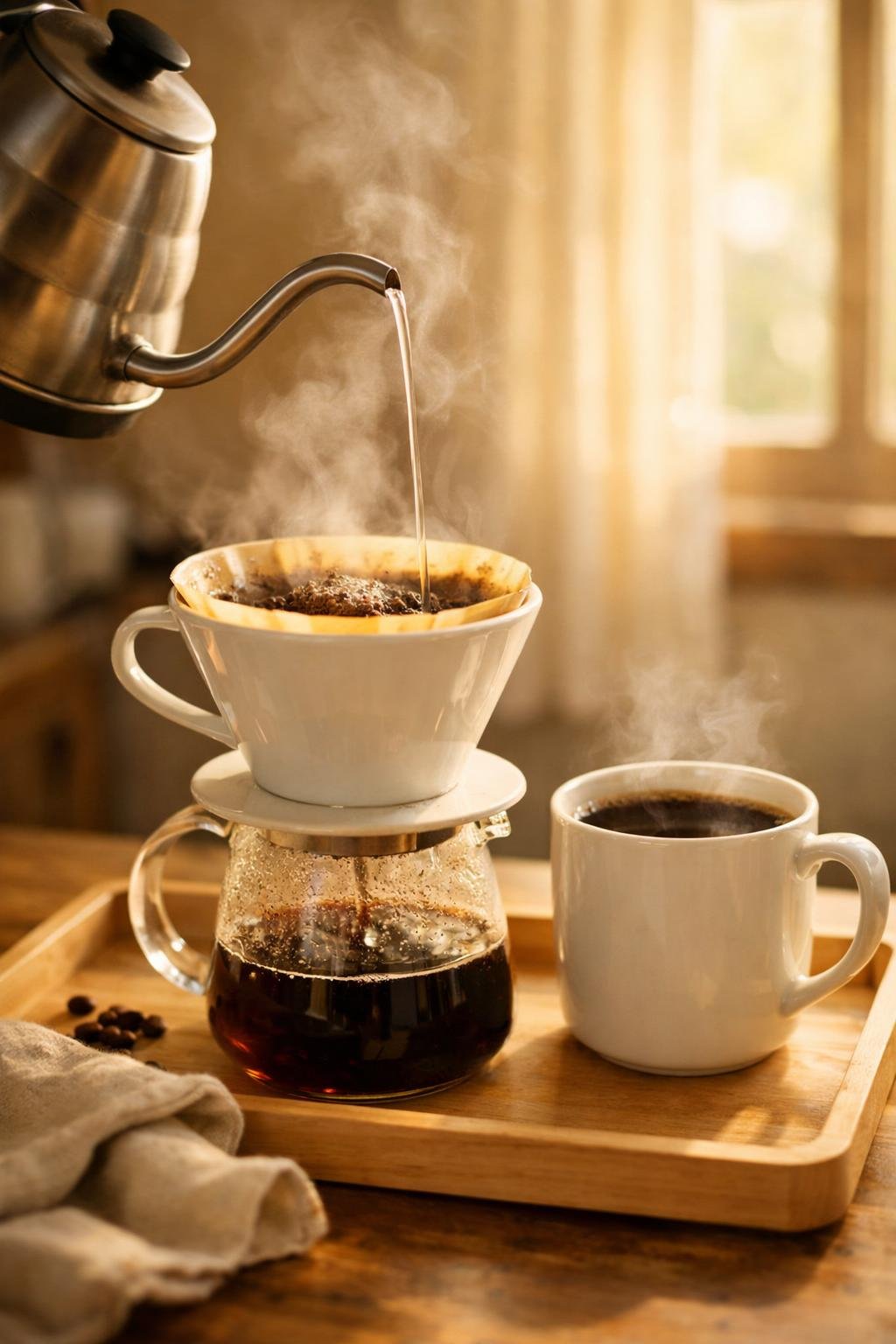 Best pour over coffee kettle mid-pour in cozy morning kitchen lifestyle scene with steam rising
