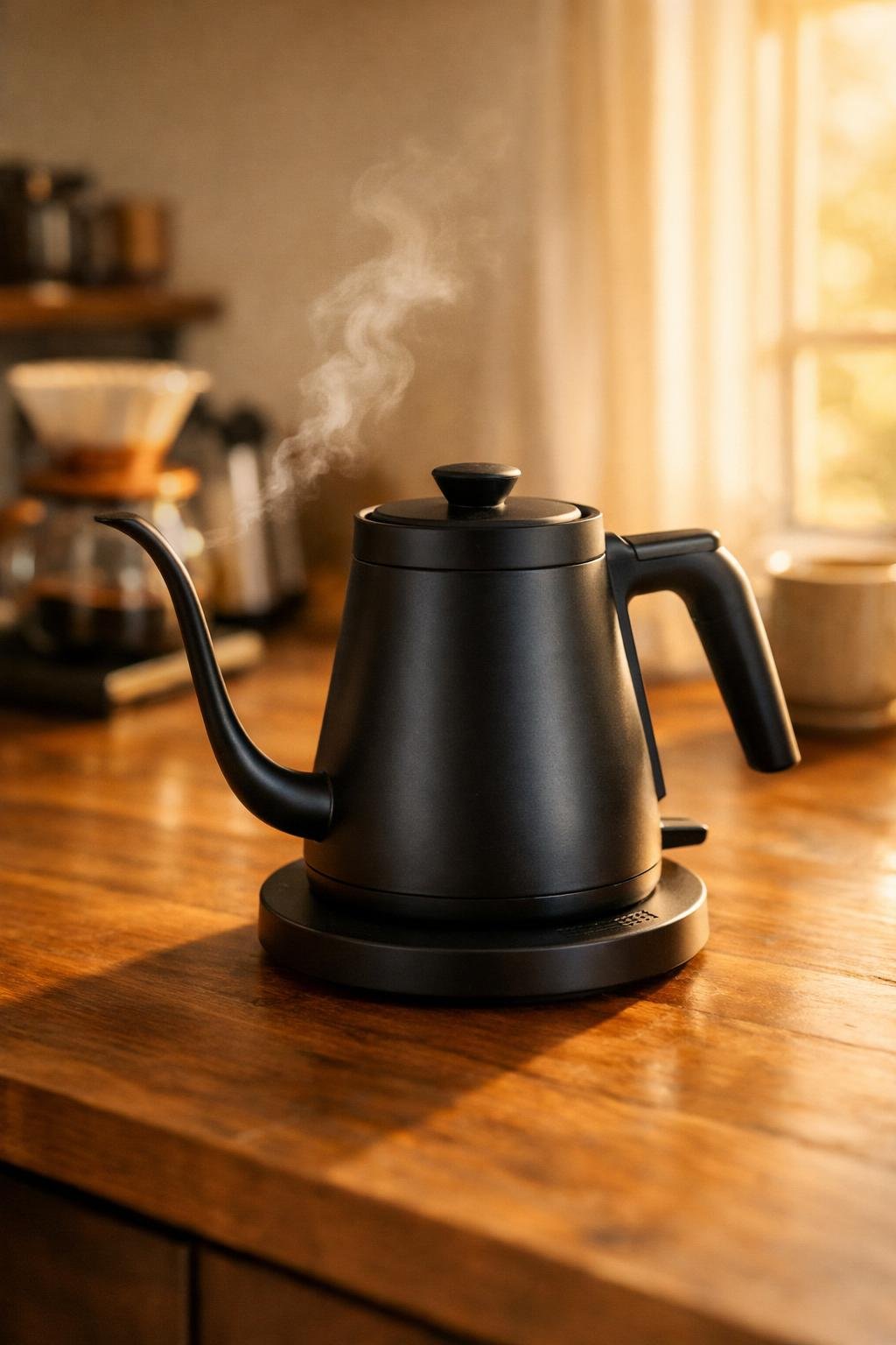 Best kettle for pour over coffee — sleek electric gooseneck kettle on wooden countertop with morning steam