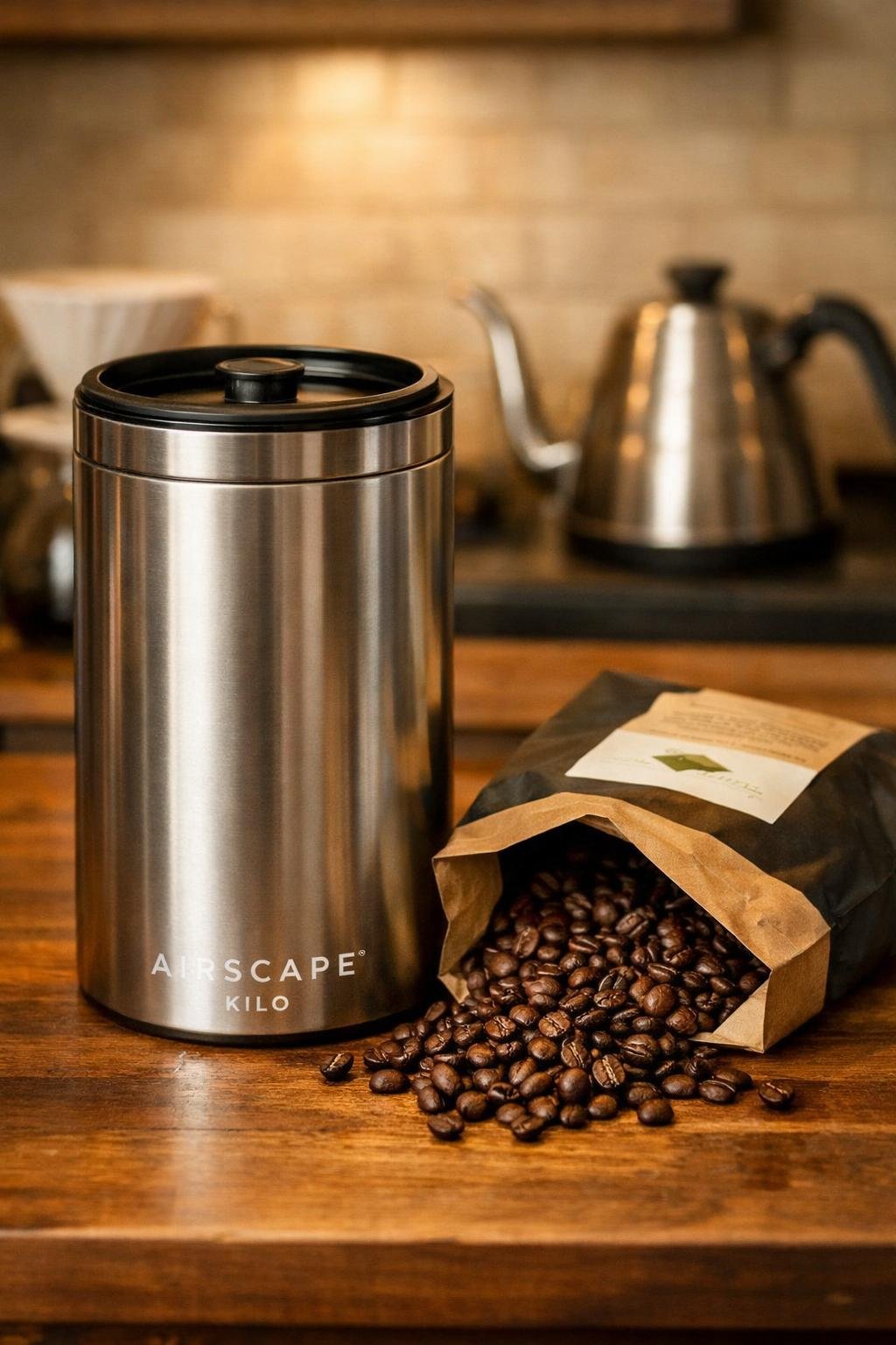 Airscape Kilo large coffee canister for coffee bean storage next to specialty coffee bag