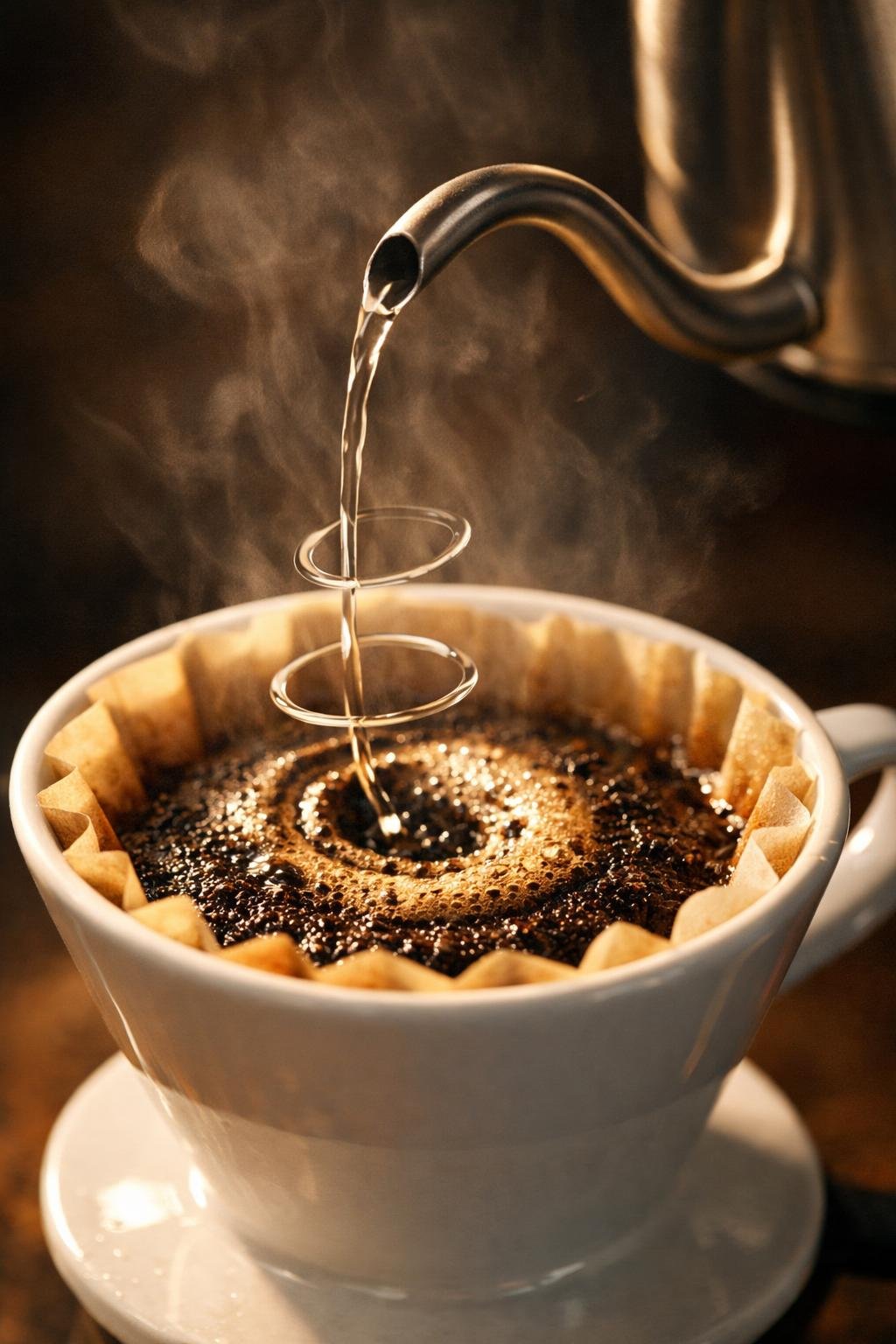 Gooseneck kettle for pour over coffee pouring precise thin stream over coffee grounds in dripper