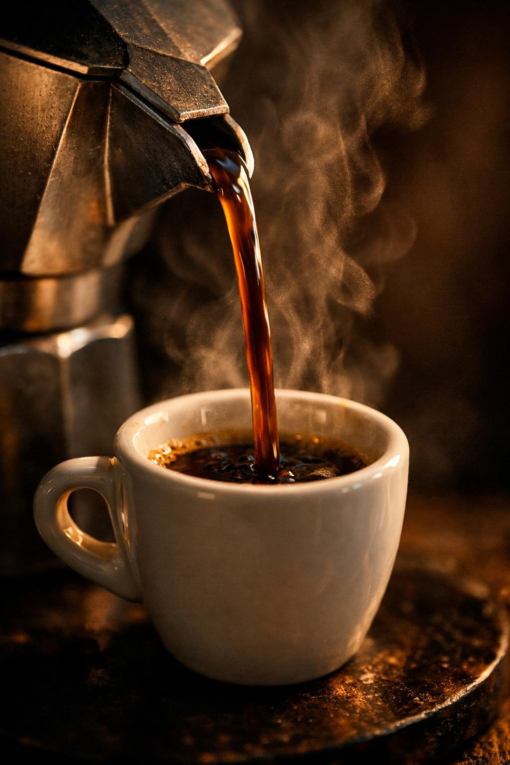 Stovetop espresso maker moka pot pouring rich dark coffee into espresso cup close up