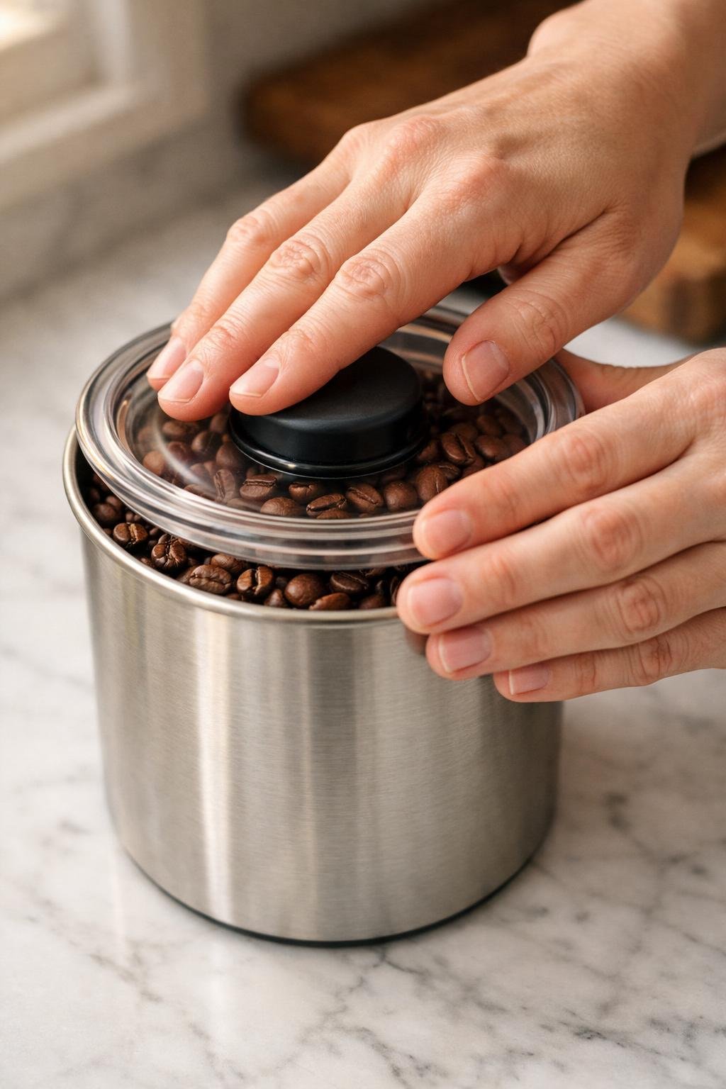 Airscape airtight coffee canister with inner lid pressed down to keep coffee beans fresh