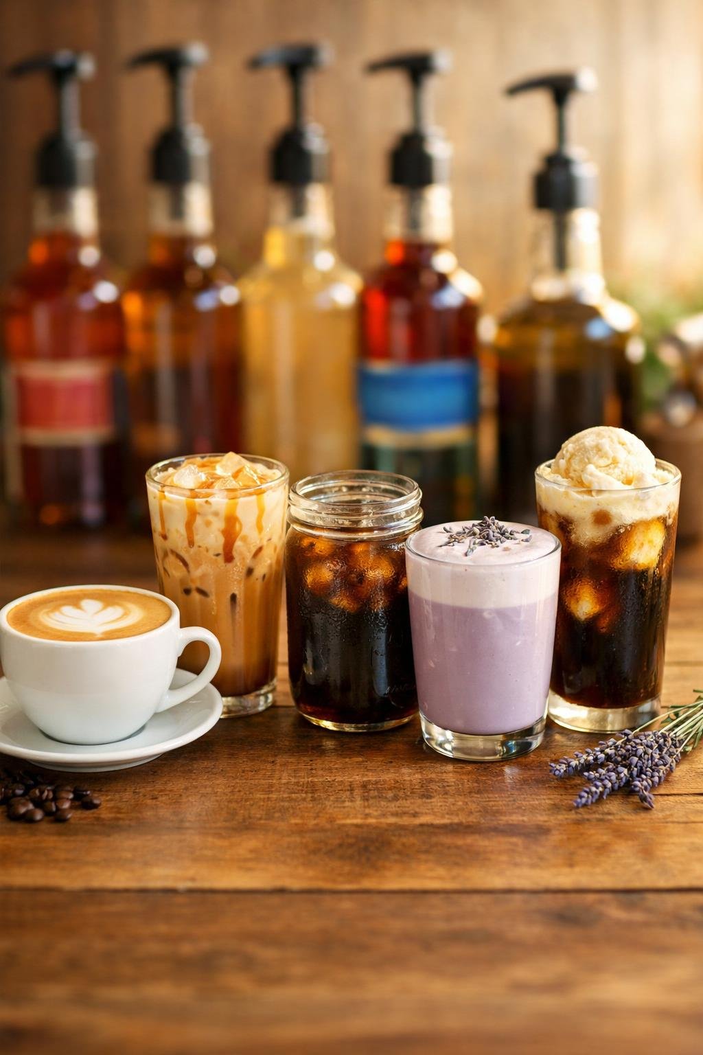 Five coffee drinks made with the best coffee syrup set for home bar including lattes and cold brew
