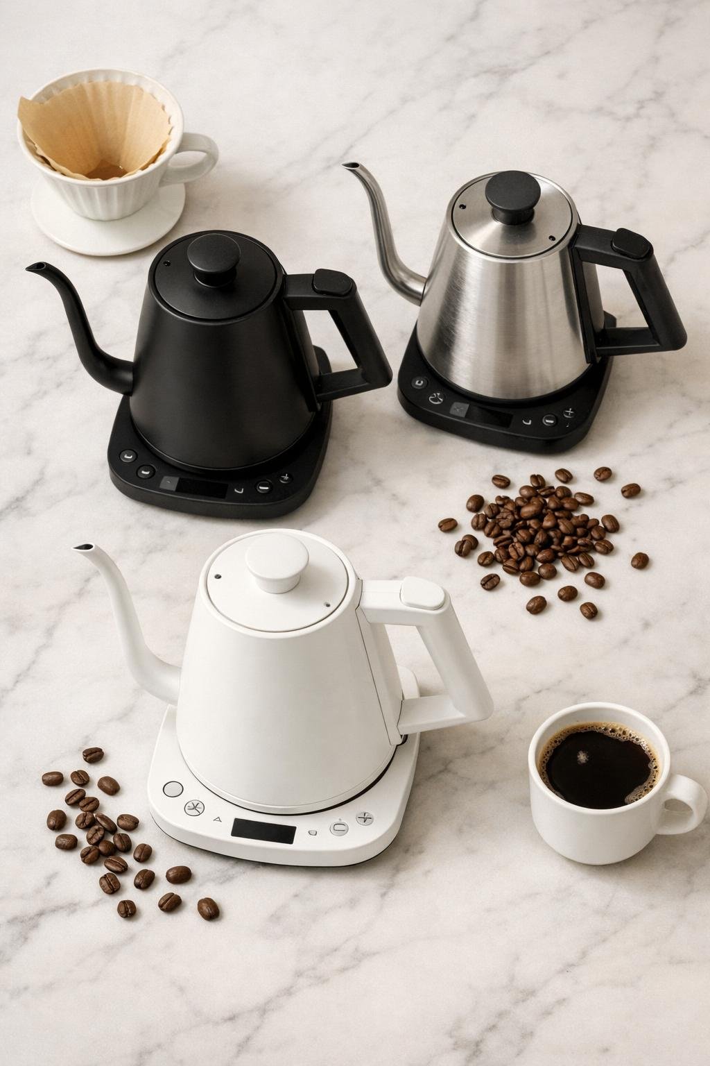 Best kettles for pour over coffee compared in flat lay — gooseneck kettle styles on marble surface