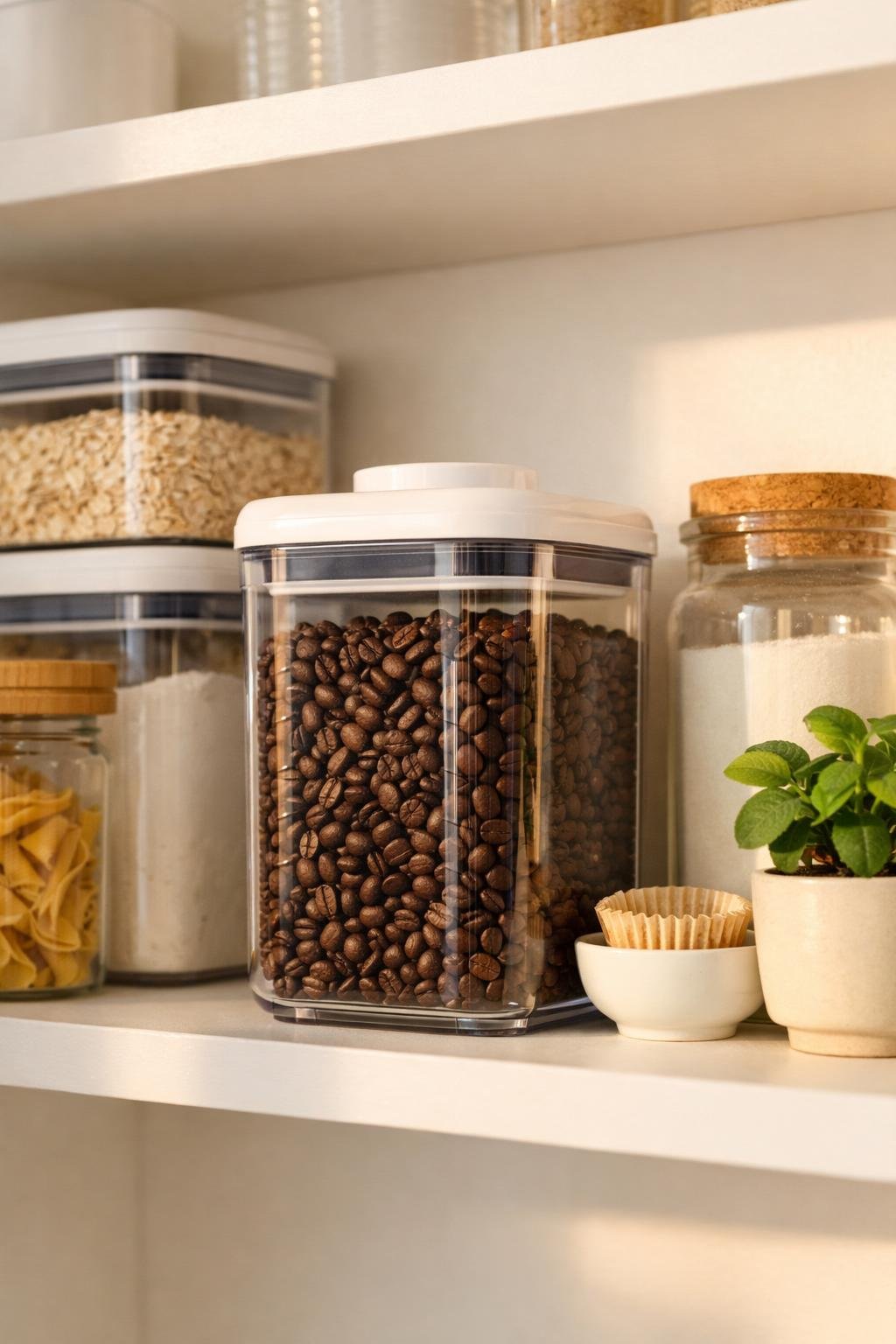OXO Good Grips Coffee Pop Container airtight coffee canister on kitchen shelf