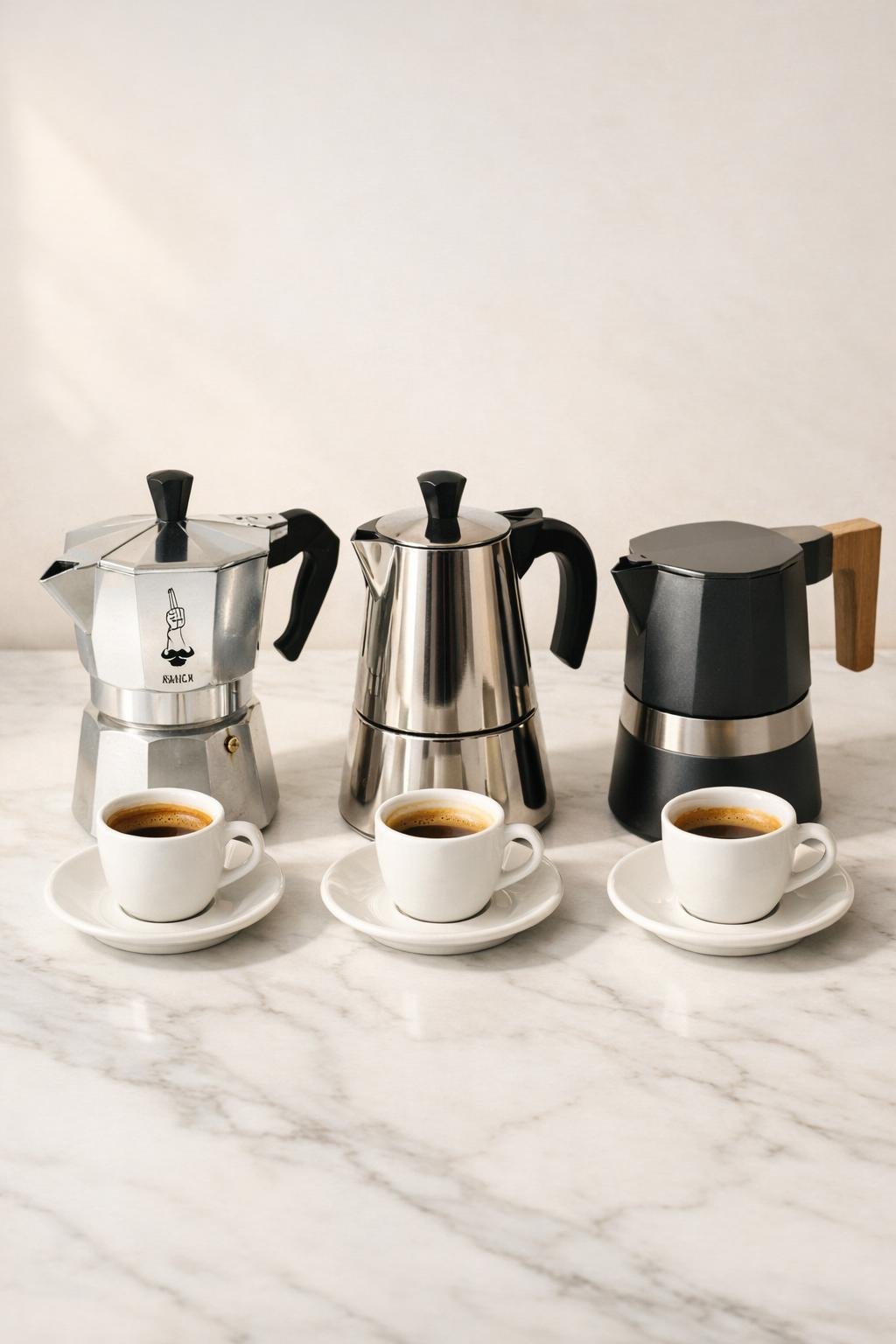 Best stovetop espresso makers moka pots compared side by side on marble countertop