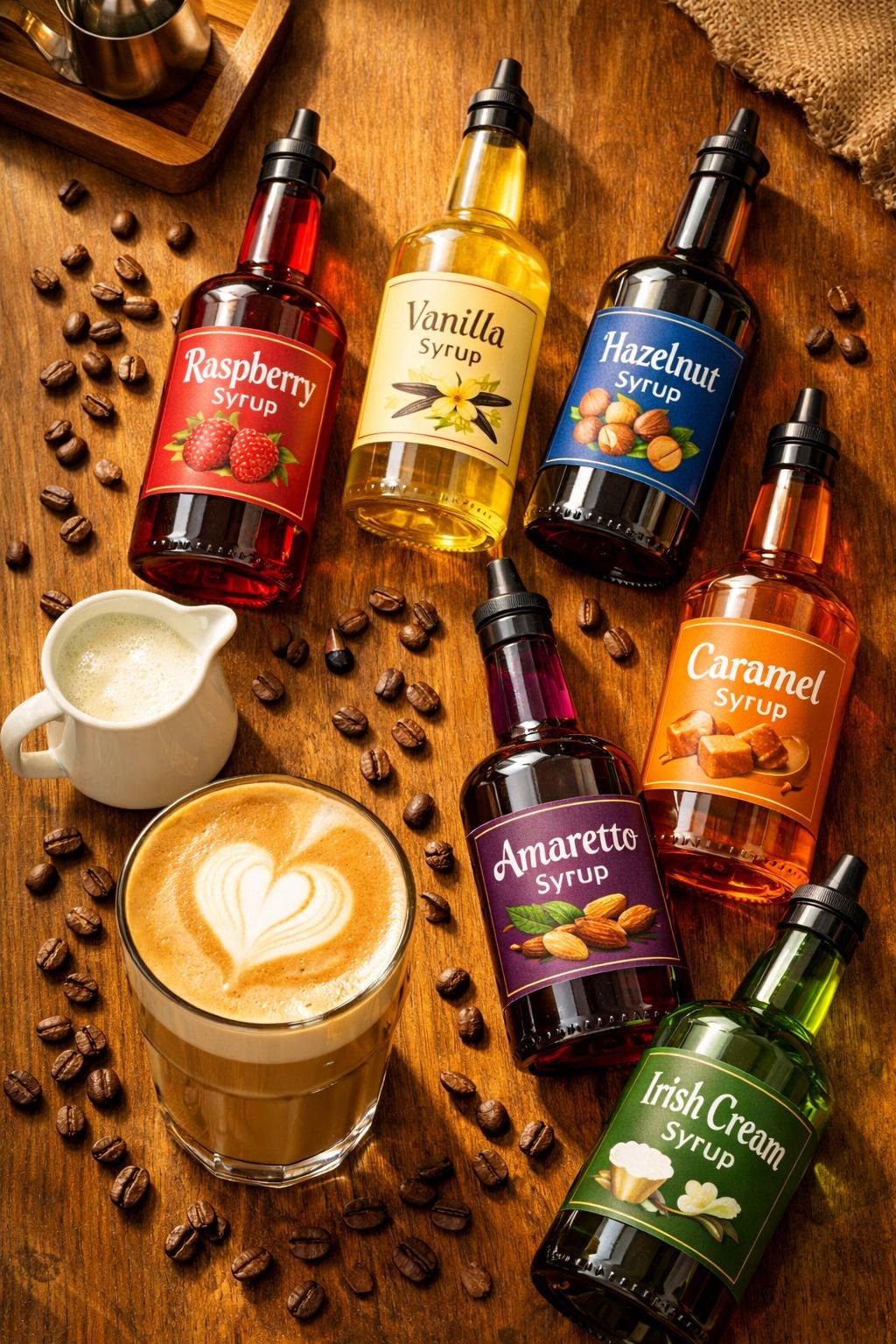 Best coffee syrup set for home bar displayed on a wooden counter with latte and coffee beans