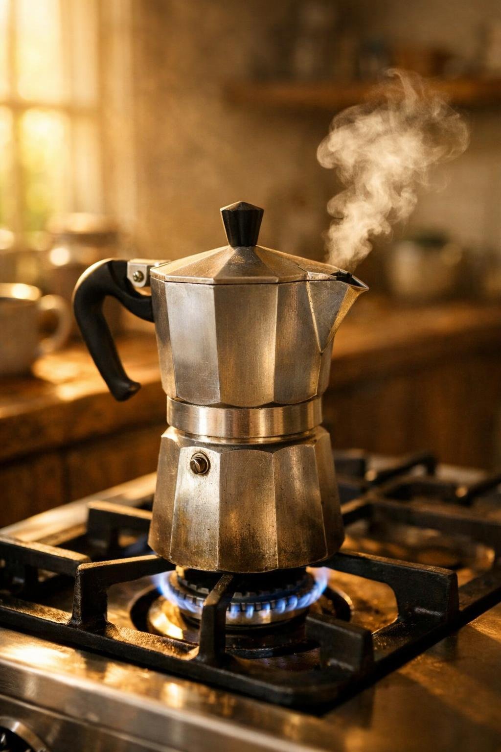 Best stovetop espresso maker moka pot brewing on a gas stove with morning steam rising