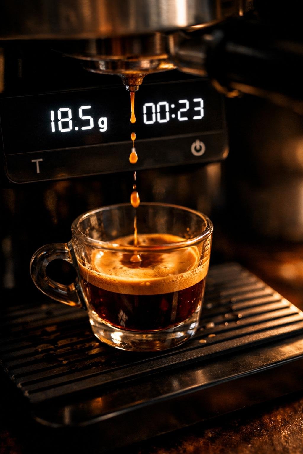Digital coffee scale for espresso showing weight and timer display during espresso extraction