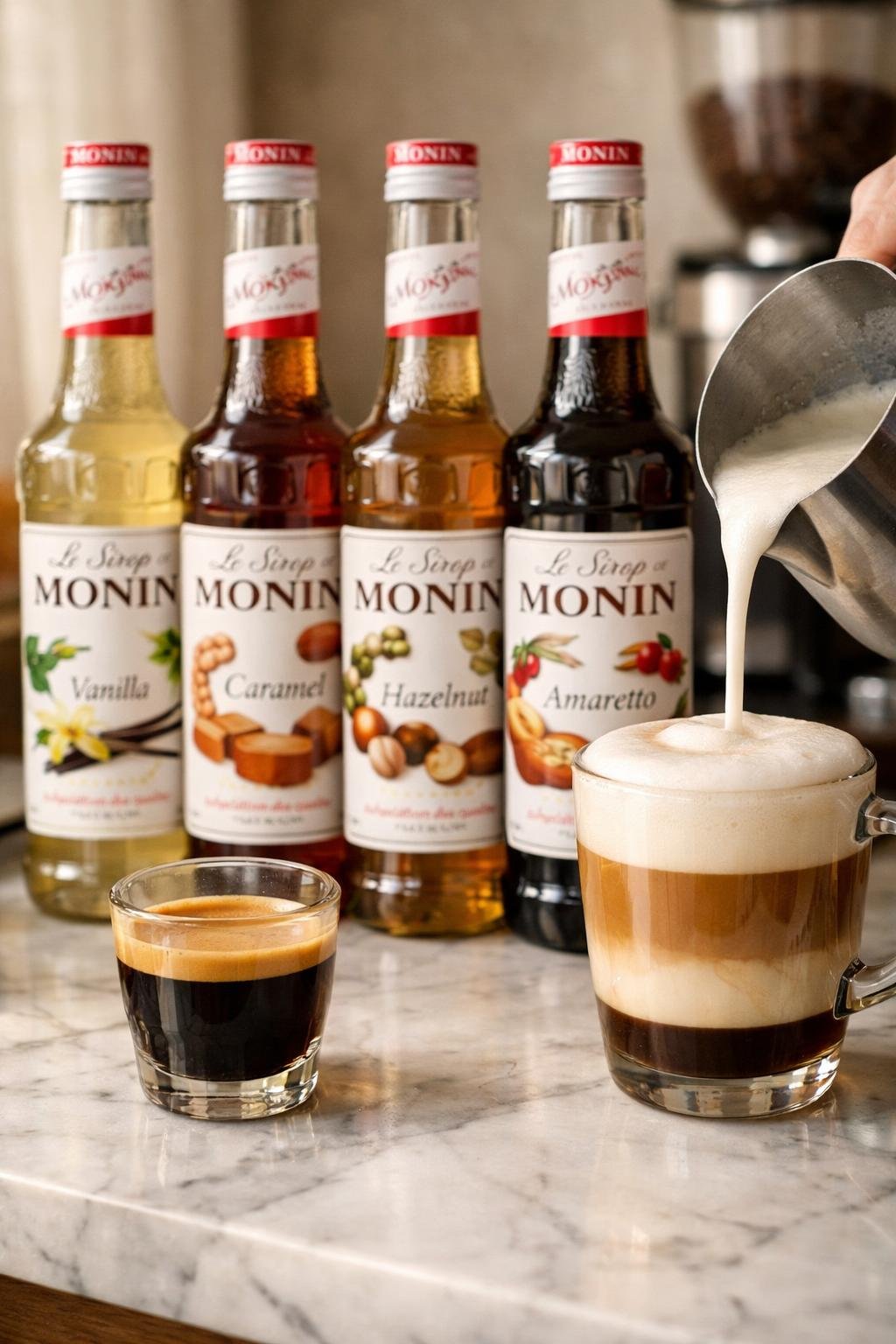 Monin premium coffee syrup variety pack on a marble home bar counter next to espresso