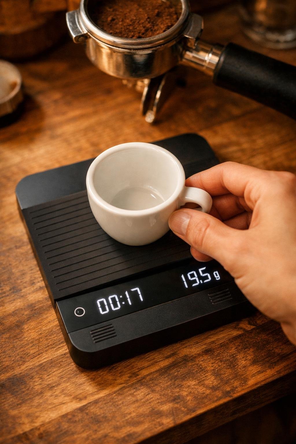 Espresso coffee scale with built-in timer being used to weigh espresso shot output