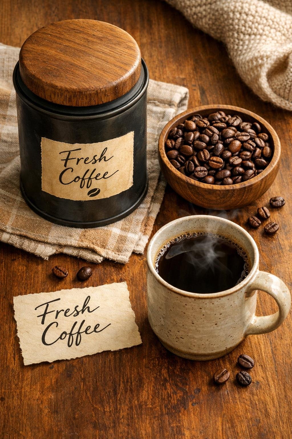 Coffee canister with whole beans and fresh brewed coffee — tips to keep coffee fresh at home