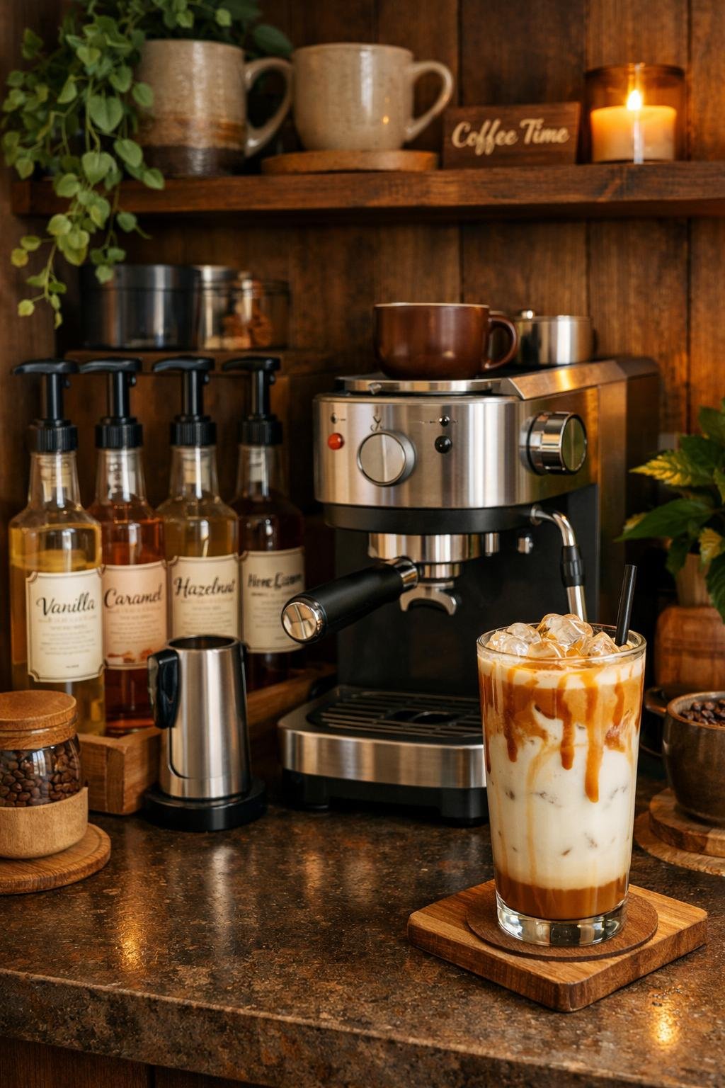 Home coffee bar setup with best coffee syrup set, espresso machine, and iced latte. The Best Coffee Syrup Set for Your Home Bar