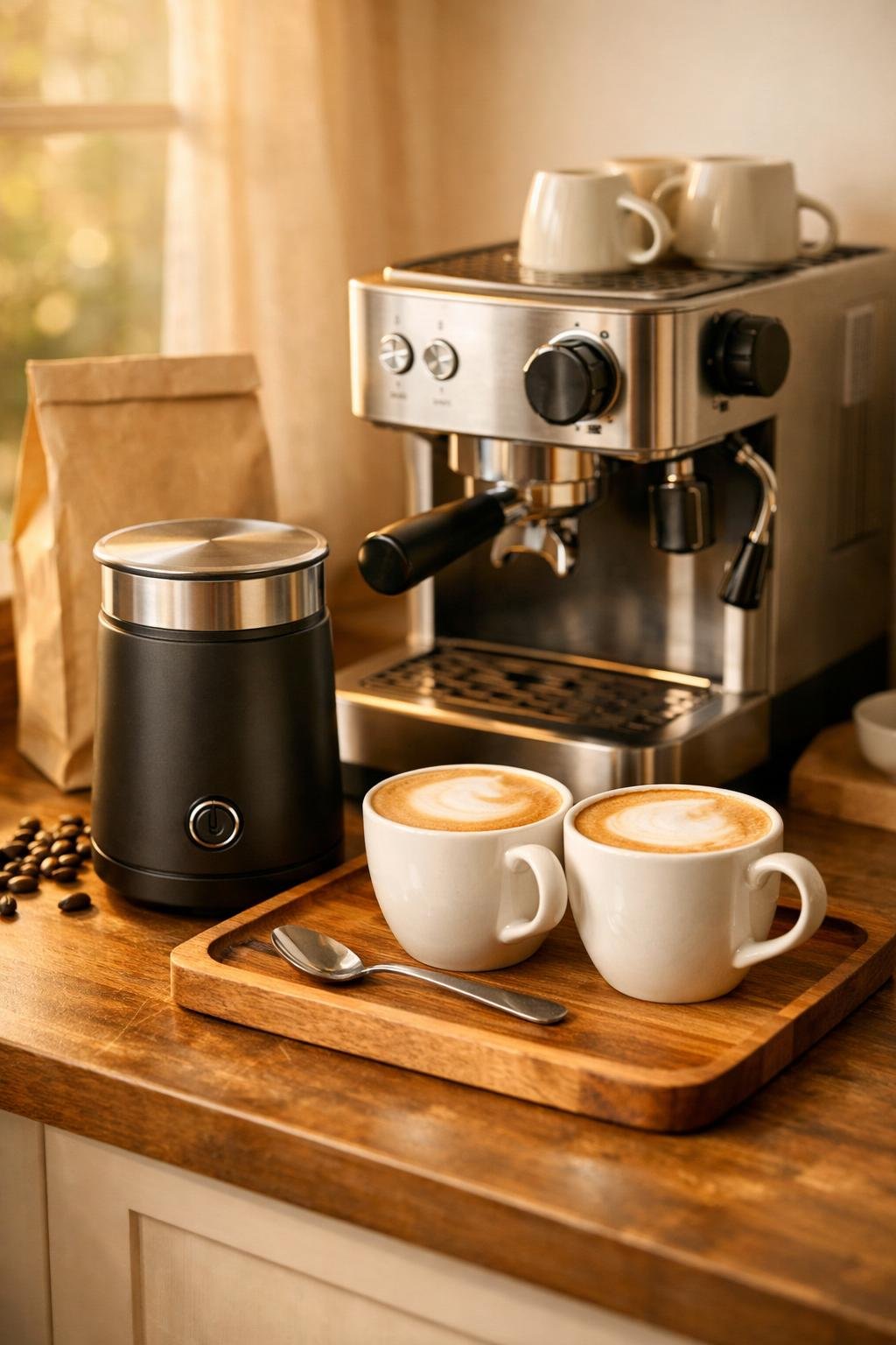 Home coffee bar setup featuring one of the best milk frothers for home baristas beside an espresso machine