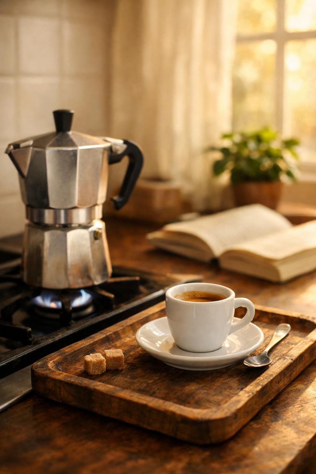 Best stovetop espresso maker moka pot on stove in cozy morning kitchen lifestyle scene