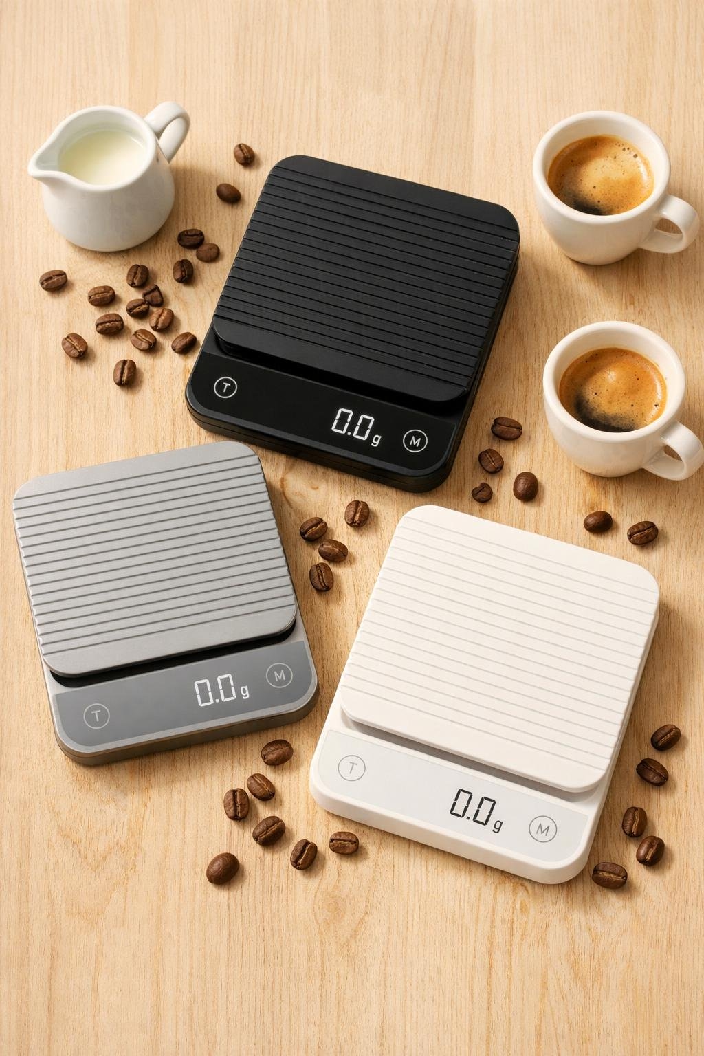 Best coffee scales for espresso compared side by side in flat lay coffee lifestyle photo