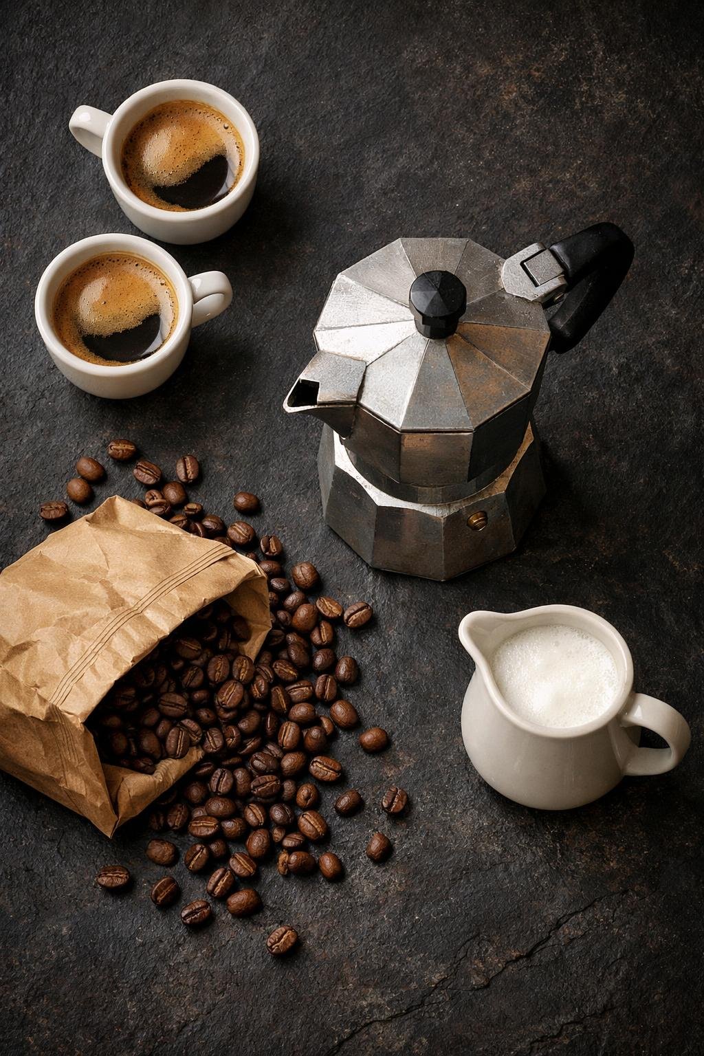 Stovetop espresso maker moka pot flat lay with espresso cups and coffee beans overhead shot
