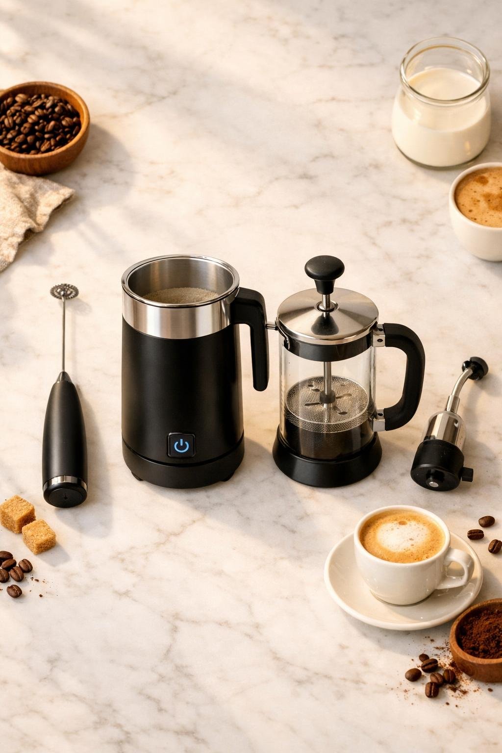 Four types of best milk frothers for home baristas displayed on a marble surface
