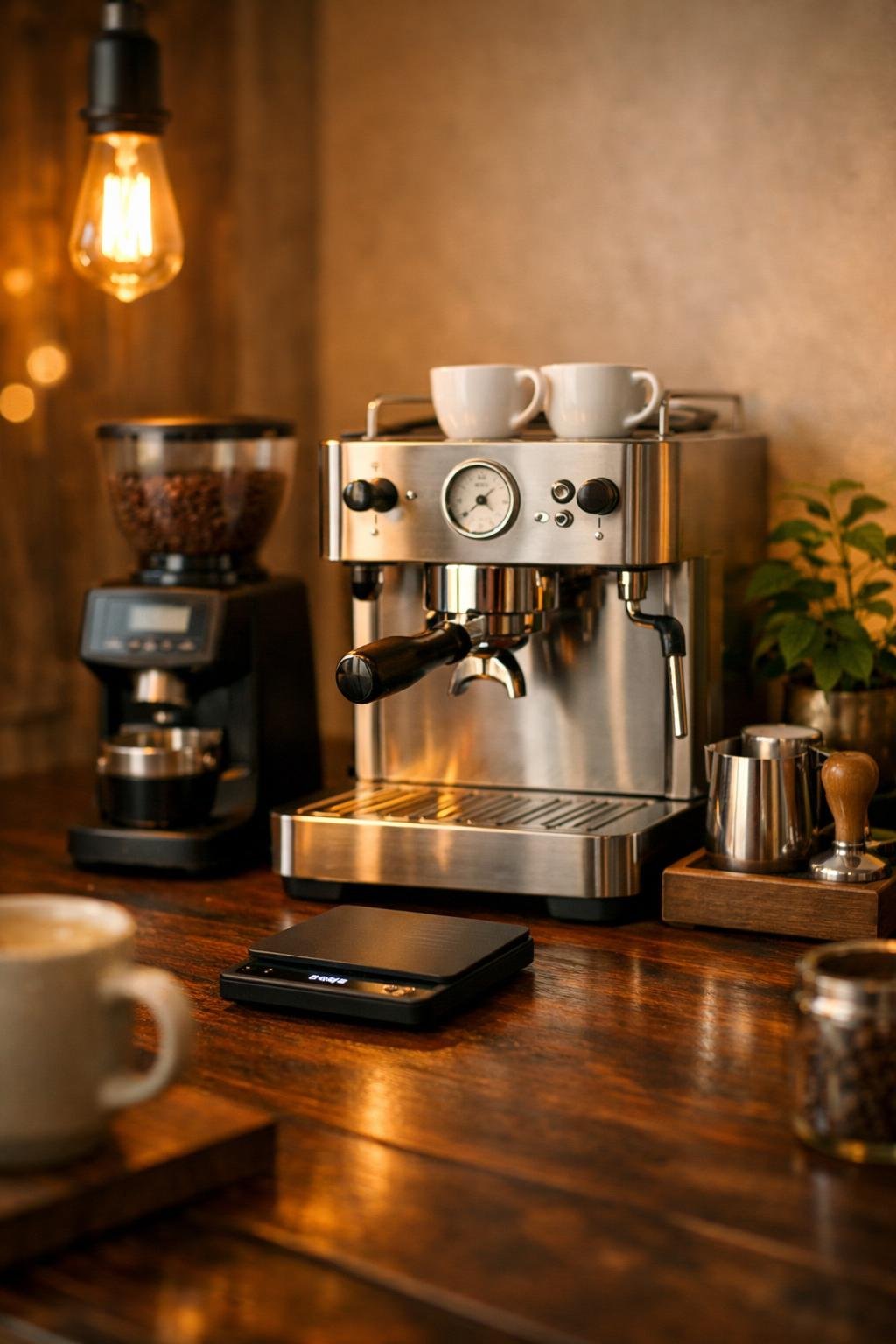 Home espresso bar setup with best coffee scale for espresso alongside espresso machine and grinder