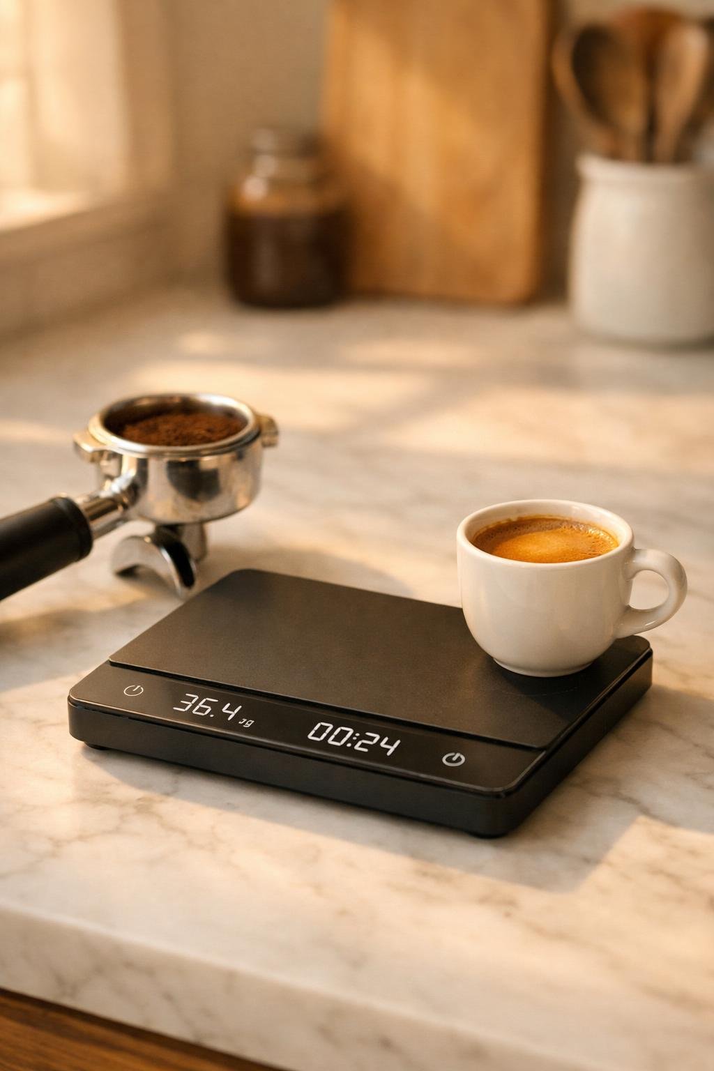 Best coffee scales for espresso displayed on a marble countertop with portafilter and fresh espresso shot