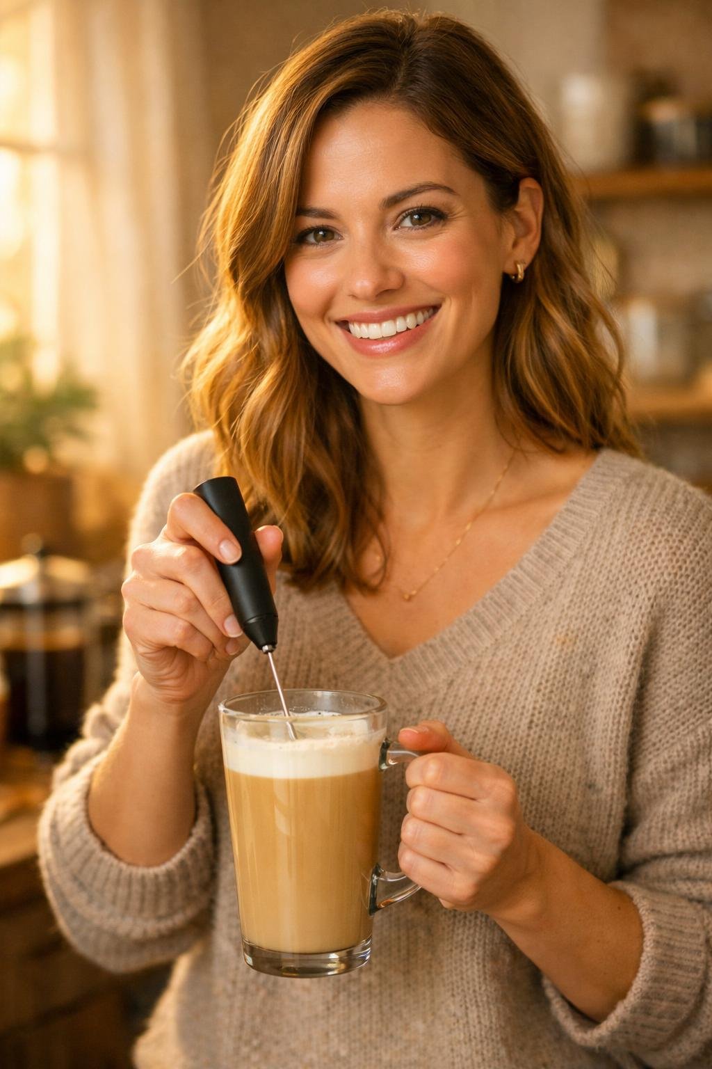 Woman using one of the best milk frothers for home baristas to make a creamy latte at home