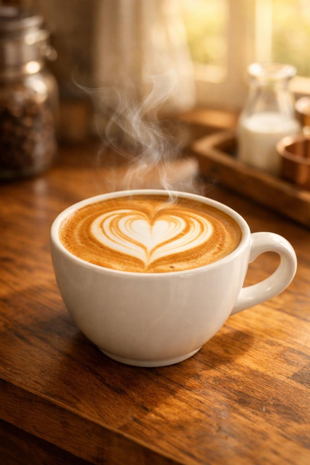 Perfect latte art in a ceramic cup made using the best milk frothers for home baristas